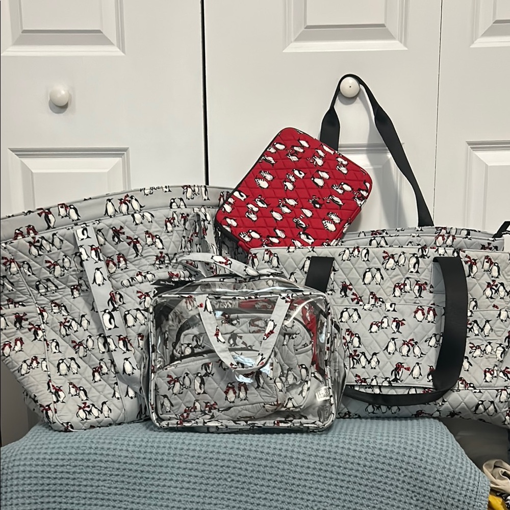 Vera Bradley Gray and Red Penguin Travel Bag Set